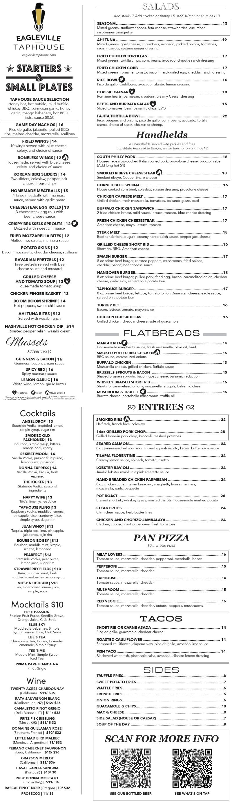 Eagleville Taphouse bar menu